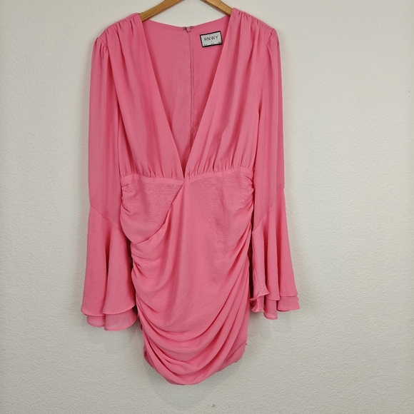 RUNAWAY The Label Suzy Mini Dress Flared Sleeves Deep V-neck In Bubblegum LG - Picture 1 of 15